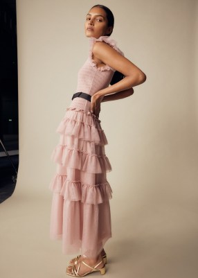 ME and EM Ethereal Tulle Shirred Maxi Dress + Belt in Deep Blush/Black ~ pink sleeveless tiered hem ruffle trimmed dresses ~ romantic fashion ~ luxe romance inspired clothing ~ luxury feminine style clothes - flipped