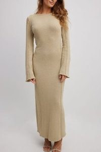 NA-KD Fine Knitted Maxi Dress in Beige | long sleeve boatneck dresses | minimalist fashion
