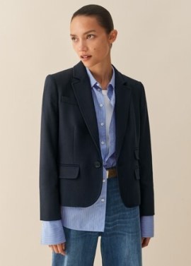 ME and EM Flannel Bracelet Sleeve Short Blazer in Navy ~ women’s dark blue single button blazers ~ womens pocket detail jacket - flipped