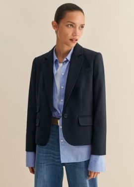 ME and EM Flannel Bracelet Sleeve Short Blazer in Navy ~ women’s dark blue single button blazers ~ womens pocket detail jacket