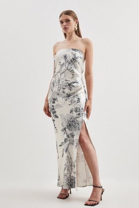KAREN MILLEN Floral Strapless Premium Satin Panelled Woven Midi Dress – bandeau column dresses - flipped