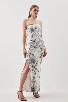 KAREN MILLEN Floral Strapless Premium Satin Panelled Woven Midi Dress – bandeau column dresses