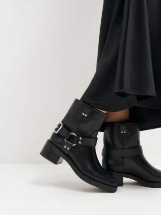 Reformation Foster Ankle Boot in Black ~ women’sbuckle and strap detail biker style boots - flipped