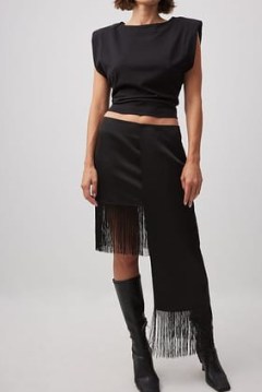 Josefine HJ x NA-KD Fringes Mini Skirt in Black | asymmetric bohemian skirts | fringed boho fashion - flipped