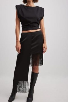 Josefine HJ x NA-KD Fringes Mini Skirt in Black | asymmetric bohemian skirts | fringed boho fashion
