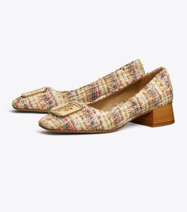 TORY BURCH GEORGIA PUMP in Pink Multi Tweed ~ multicoloured textured block heel pumps ~ vintage style courts ~ retro inspired designer court shoes - flipped