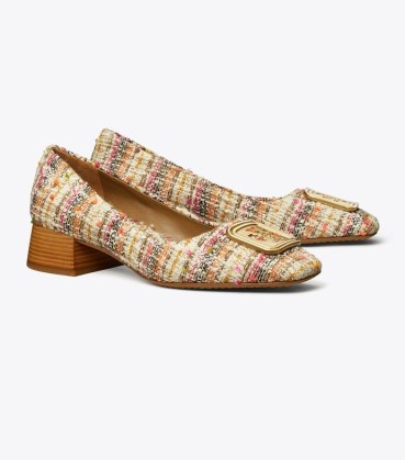 TORY BURCH GEORGIA PUMP in Pink Multi Tweed ~ multicoloured textured block heel pumps ~ vintage style courts ~ retro inspired designer court shoes