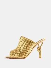 BOTTEGA VENETA Knot 90 metallic leather mules in gold ~ luxe evening mules ~ knotted detail occasion heels ~ luxury event mule sandals ~ woven party sandal