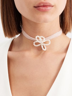 COMPLETEDWORKS Pearl, silk ribbon & 14kt gold-plated necklace ~ floral organza choker with freshwater pearls ~ flower chokers ~ feminine bridal necklaces - flipped