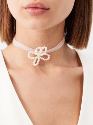 COMPLETEDWORKS Pearl, silk ribbon & 14kt gold-plated necklace ~ floral organza choker with freshwater pearls ~ flower chokers ~ feminine bridal necklaces