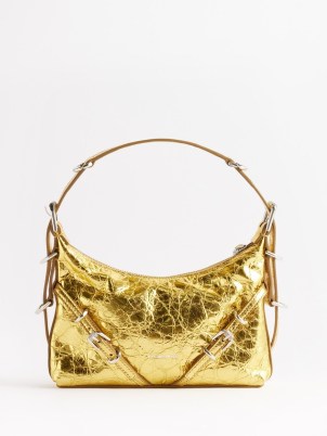 GIVENCHY Voyou mini metallic-leather shoulder bag in gold / small cracked leather handbag / luxe crackled textured bags - flipped