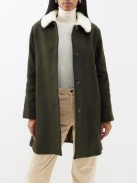 A.P.C. New Doll faux-shearling collar wool-blend coat in green / women’s fake shearling collared coats