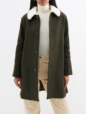 A.P.C. New Doll faux-shearling collar wool-blend coat in green / women’s fake shearling collared coats - flipped