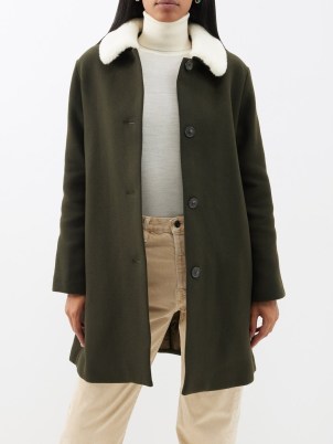 A.P.C. New Doll faux-shearling collar wool-blend coat in green / women’s fake shearling collared coats