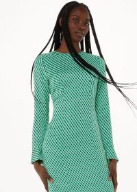 WHISTLES CROSSHATCH PRINT MINIMAL DRESS in GREEN/MULTI ~ green checked long sleeve flared cuff midi dresses ~ back keyhole detail