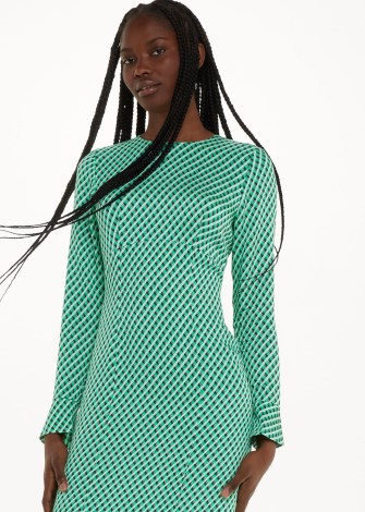 WHISTLES CROSSHATCH PRINT MINIMAL DRESS in GREEN/MULTI ~ green checked long sleeve flared cuff midi dresses ~ back keyhole detail - flipped