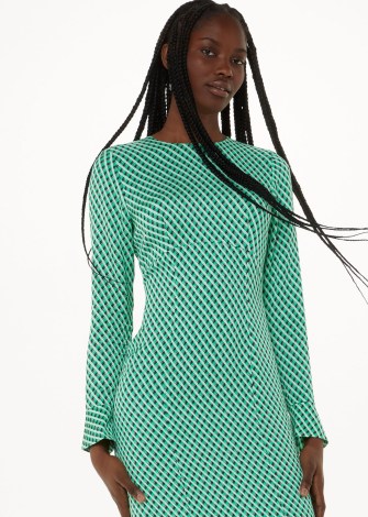 WHISTLES CROSSHATCH PRINT MINIMAL DRESS in GREEN/MULTI ~ green checked long sleeve flared cuff midi dresses ~ back keyhole detail