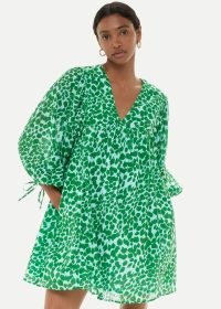 WHISTLES SMOOTH LEOPARD TRAPEZE DRESS in GREEN / MULTI | women’s oversized balloon sleeve dresses / feminine animal print clothing