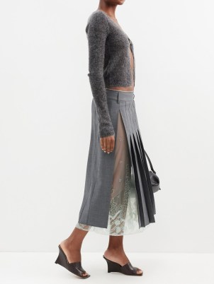16ARLINGTON Brone lace-panelled wool-twill pleated skirt in grey ~ luxury semi sheer skirts - flipped