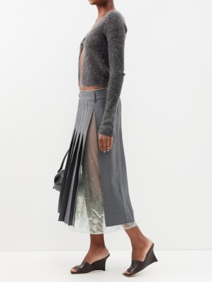 16ARLINGTON Brone lace-panelled wool-twill pleated skirt in grey ~ luxury semi sheer skirts