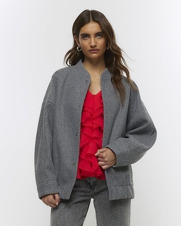 RIVER ISLAND GREY FAUX WOOL BOMBER JACKET ~ women’s casual relaxed fit jackets with a baseball style collar - flipped