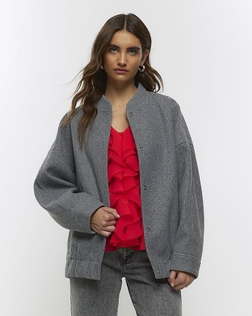 RIVER ISLAND GREY FAUX WOOL BOMBER JACKET ~ women’s casual relaxed fit jackets with a baseball style collar