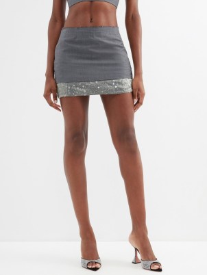 16ARLINGTON Maera sequinned-trim mini skirt in grey ~ embellished short length skirts - flipped