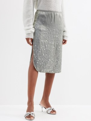 16ARLINGTON Pythia sequinned side-slit satin skirt in grey ~ luxury curved hem skirts - flipped