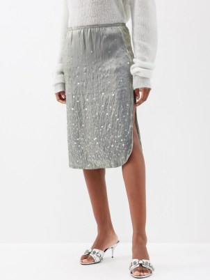 16ARLINGTON Pythia sequinned side-slit satin skirt in grey ~ luxury curved hem skirts