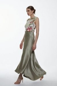 KAREN MILLEN Guipure Lace Satin Maxi Dress in Sage ~ green silky fluid occasion dresses ~ floral evening event clothing