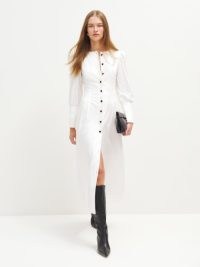 Reformation Halia Dress in White ~ chic clothing ~ collarless organic cotton shirt dresses
