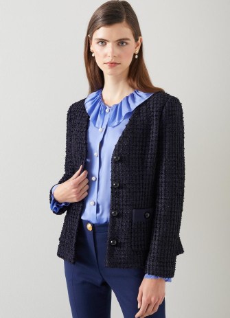 L.K. BENNETT Hanna Navy And Black Italian Tweed Jacket ~ women’s dark blue V-neck single breasted jackets ~ textured fabric outerwear