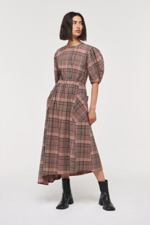 ALIGNE HARLIN CURVE SLEEVE DRESS in Plaid | puff sleeve tartan dresses with an asymmetric hemline - flipped