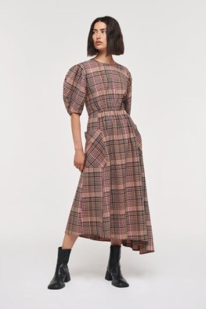 ALIGNE HARLIN CURVE SLEEVE DRESS in Plaid | puff sleeve tartan dresses with an asymmetric hemline