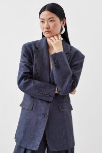 KAREN MILLEN Indigo Linen Single Breasted Tailored Jacket – women’s blue boxy longline jackets