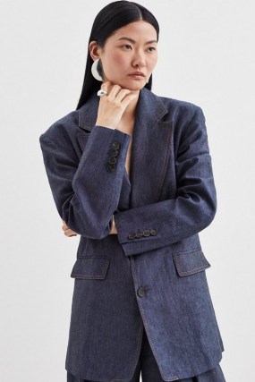 KAREN MILLEN Indigo Linen Single Breasted Tailored Jacket – women’s blue boxy longline jackets - flipped