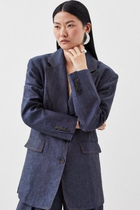 KAREN MILLEN Indigo Linen Single Breasted Tailored Jacket – women’s blue boxy longline jackets