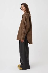 CAMILLA AND MARC Iris Cotton Oversized Shirt in Charcoal Tan Stripe – women’s brown striped relaxed fit shirts – curved dip hemline #2