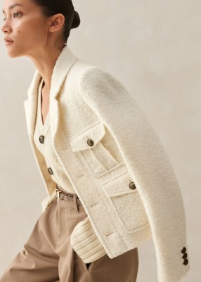 ME and EM Italian Bouclé Military Crop Jacket in Cream ~ chic pocket detail jackets ~ women’s luxe tweed style outerwear - flipped