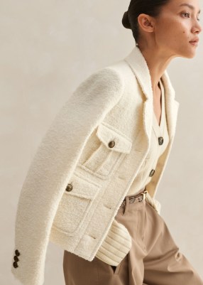 ME and EM Italian Bouclé Military Crop Jacket in Cream ~ chic pocket detail jackets ~ women’s luxe tweed style outerwear