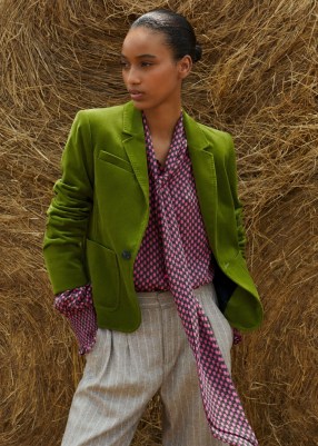 ME and EM Italian Short Velvet Boyfriend Blazer in Green ~ women’s luxe plush fabric blazers ~ womens luxury jackets - flipped