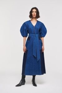 ALIGNE JALEN PATCHWORK DENIM MIDI DRESS | tonal blue balloon sleeve tie waist dresses