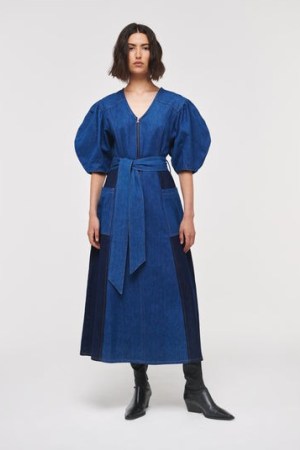 ALIGNE JALEN PATCHWORK DENIM MIDI DRESS | tonal blue balloon sleeve tie waist dresses - flipped