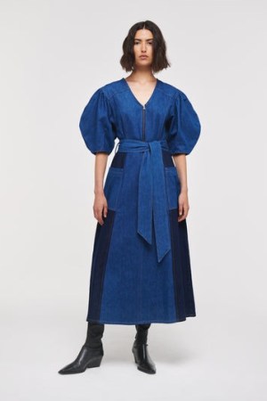 ALIGNE JALEN PATCHWORK DENIM MIDI DRESS | tonal blue balloon sleeve tie waist dresses