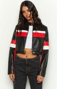 Beginning Boutique Jayella Black Moto Jacket ~ women’s cropped colour block racer jackets ~ PU outerwear ~ womens faux leather fashion