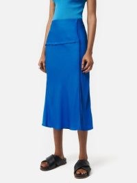 JIGSAW Satin Crepe Raw Edge Skirt in Blue / silky fluid fabric slip skirts