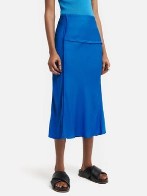 JIGSAW Satin Crepe Raw Edge Skirt in Blue / silky fluid fabric slip skirts - flipped