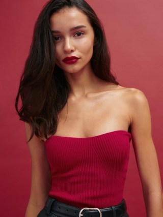 Reformation Jenni Strapless Sweater in Lipstick – fitted knit style bandeau tops