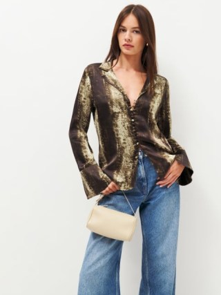 Reformation Jeremiah Silk Top in Anaconda ~ glamorous snake print shirts ~ silky button front tops ~ luxe clothing - flipped