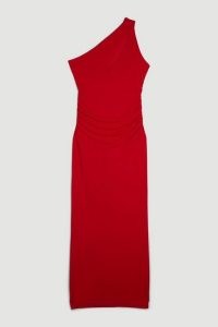 Karen Millen Jersey Crepe One Shoulder Midi Dress in Red – asymmetric keyhole cut out evening dresses – ruched detail occasion clothes